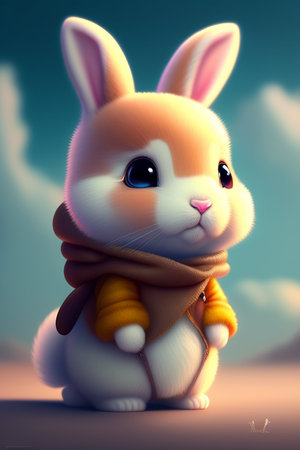 Cute cartoon rabbit with scarf and hat. 3D illustration.の写真素材