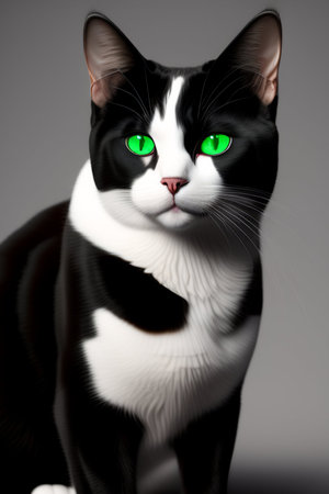 Black and white cat with green eyes on a gray background. 3d renderingの写真素材