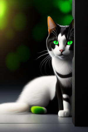 Cute cat with green eyes sitting in front of a black wallの写真素材