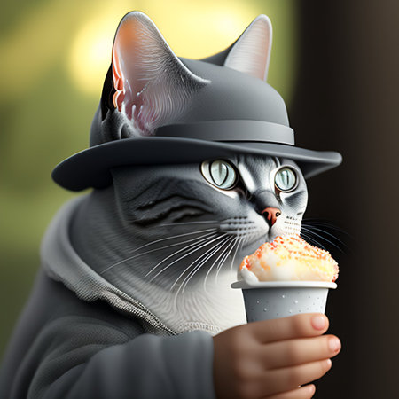 Cat in a hat with a cup of ice cream. 3d illustrationの写真素材