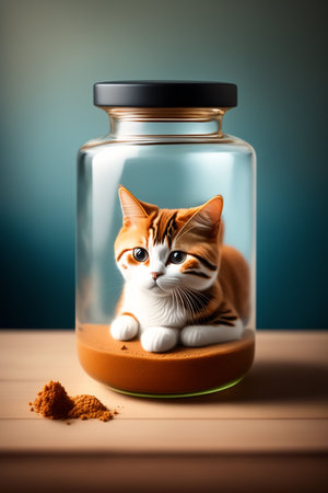 Cute cat in a glass jar on wooden table and blue backgroundの写真素材
