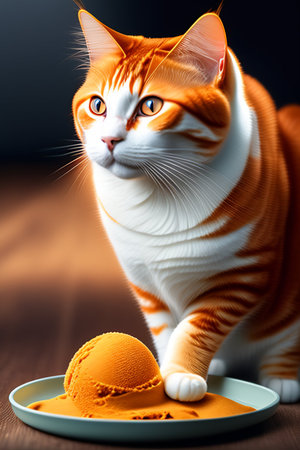Orange and white cat with orange ball on plate. Studio shot.の写真素材