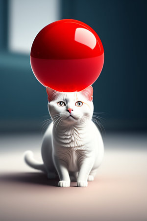 White cat with red ball on his head. 3d rendering.の写真素材