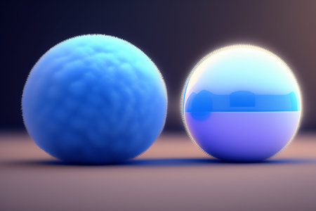 3d rendering of abstract background with balls in blue and white colorsの写真素材