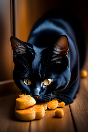 Black cat with cookies on a wooden background. Shallow depth of field.の写真素材