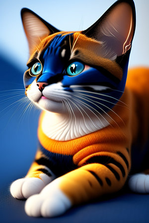Cute cat with blue eyes. 3D illustration. Blue background.の写真素材