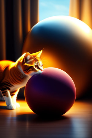 Orange cat with red ball in the rays of light. 3D renderingの写真素材