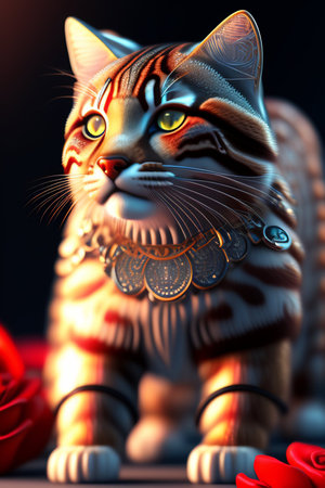 3D Illustration of a tiger with a lot of red rosesの写真素材