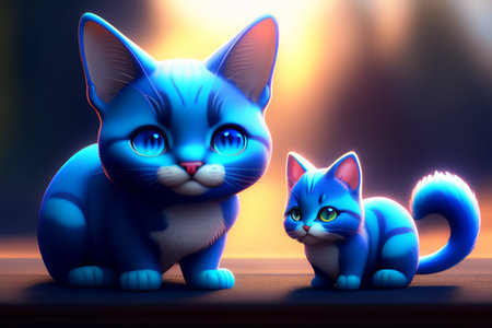 Blue cat with two kittens on a dark background. 3d renderingの写真素材
