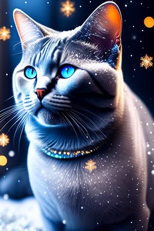 Digital Illustration of a Blue Cat with Snowflakes in the Backgroundの写真素材