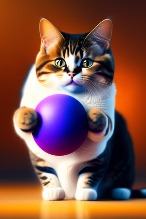 Cat with a ball on a dark background. 3D illustration.の写真素材