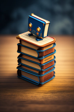 Stack of books on a wooden table. Education concept. 3d renderingの写真素材