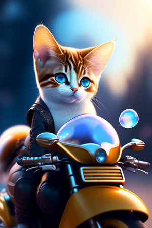 Cute cat on a motorcycle with soap bubbles. 3d renderingの写真素材