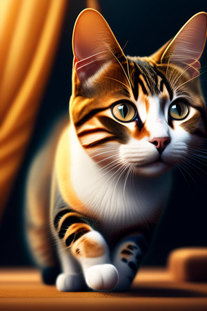 Cat with yellow eyes on the background of a curtain. 3d renderingの写真素材