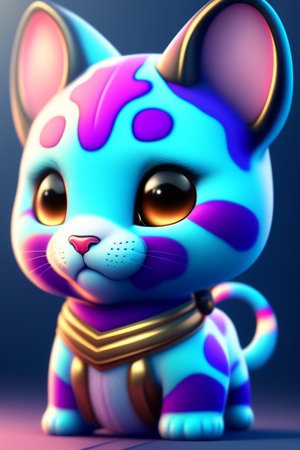 Illustration of a cute cartoon cat with blue and purple eyes.の写真素材