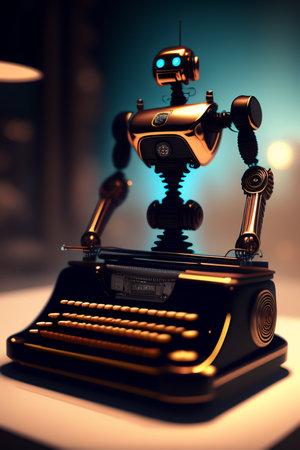 Retro robot with a typewriter. 3d illustration. tonedの写真素材