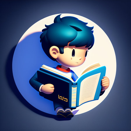 Boy reading a book. Education concept. 3D rendering. Round background.の写真素材