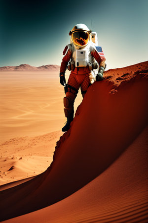 Astronaut in the red desert. 3d rendering toned imageの写真素材