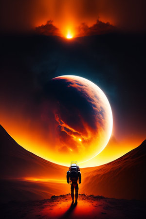 Hiker with backpack on the background of the moon. 3D rendering