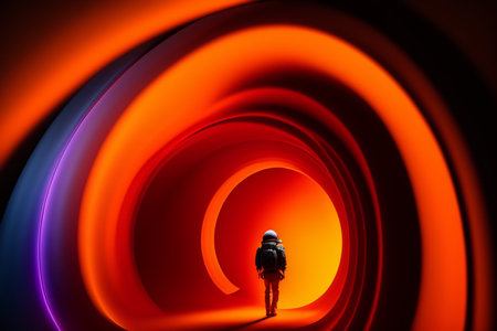 Man in a tunnel of neon lights. The concept of the future.の写真素材