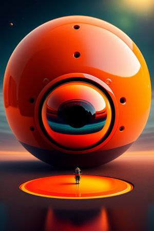 3d rendering of a man inside a red submarine with reflection in waterの写真素材