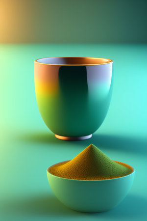 3d illustration of a cup of green and yellow color with sandの写真素材