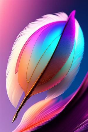 Colorful feather pen on abstract background. 3D render illustration.の写真素材
