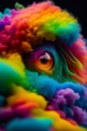 Close-up of an eye of a clown in a rainbow wigの写真素材