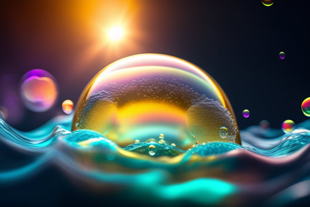 Beautiful soap bubbles floating in the water. 3d illustration.