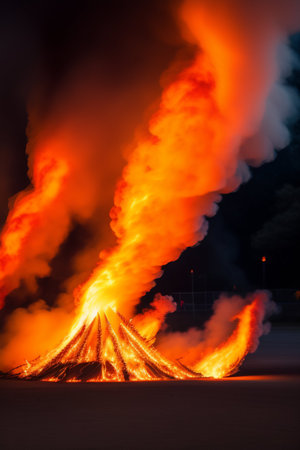 Flames of the Volcanic eruption at night, Krakow, Poland