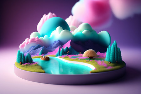 3D illustration of fantasy landscape with a river, trees and cloudsの写真素材