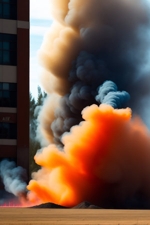 fire on the background of a building in the form of a cloudの写真素材