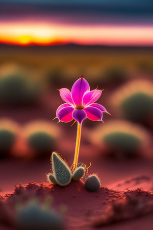 Cactus flower in the desert at sunset. 3D illustration.の写真素材