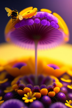 3d illustration of abstract background with flower petals and a beeの写真素材
