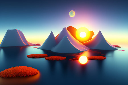 3d illustration of mountains and sun in the blue sky with cloudsの写真素材