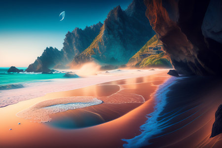 Fantasy alien planet. Mountain and sand. 3D illustration.の写真素材