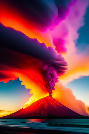 Volcanic eruption at sunset, Kamchatka Peninsula, Russiaの写真素材