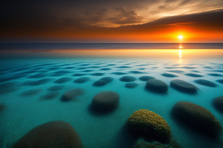 beautiful seascape with stones on the beach at sunset.の写真素材