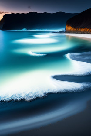 Long exposure of a beach with turquoise water in the foreground.の素材 [FY310200979041]