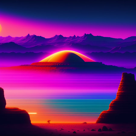 Fantasy alien planet. Mountain and lake. Sunset. 3D illustrationの写真素材