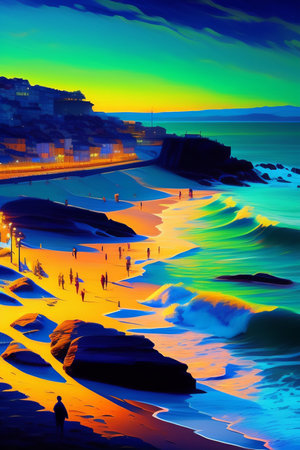 Sunset at the beach of San Sebastian, Basque Country, Spainの写真素材