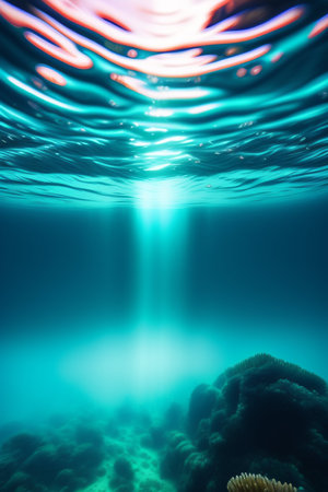 Underwater view of coral reef with light rays and copy space.の写真素材