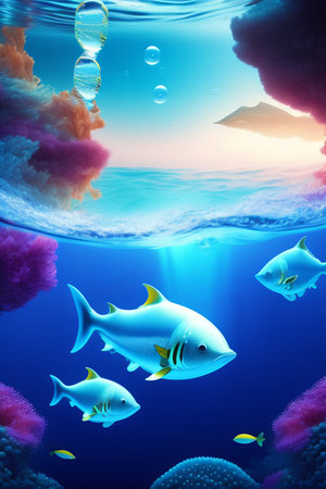 Underwater world with fishes and jellyfish. 3D illustration.の写真素材