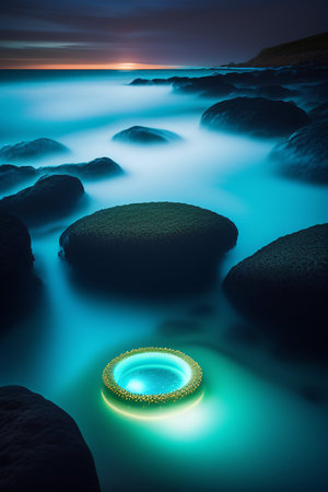 Fantasy landscape with sea and stones. 3d rendering. Computer digital drawing.の写真素材