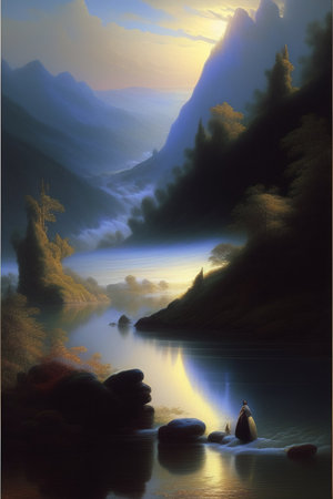 Fantasy landscape with river and mountain in the background. Digital painting.の写真素材