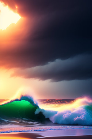 Surf wave in ocean at sunset. 3d render illustration.の写真素材