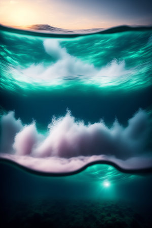 Underwater view of ocean wave and blue sky. 3d renderingの写真素材