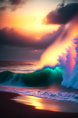 Beautiful ocean wave on the beach at sunset. 3d renderingの写真素材