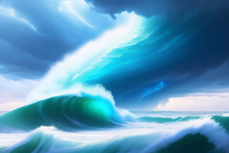 Surf wave in ocean with blue sky and white clouds. 3D illustrationの写真素材