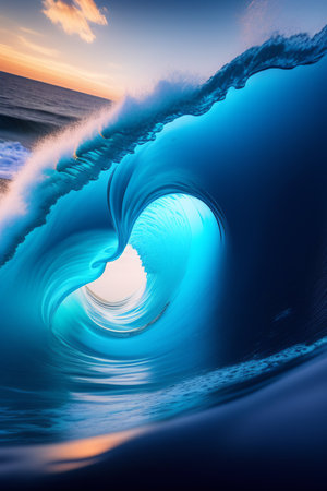 Fantastic blue ocean wave at sunset. 3D Renderingの写真素材